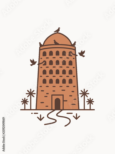 Traditional Adobe Tower with Palm Trees and Birds, Desert Architecture Illustration
