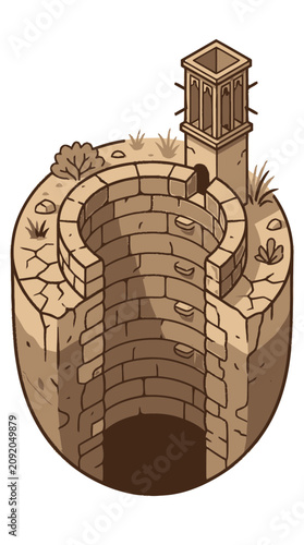 Ancient stone well with tower structure, isometric view, cracked earth, dry grass