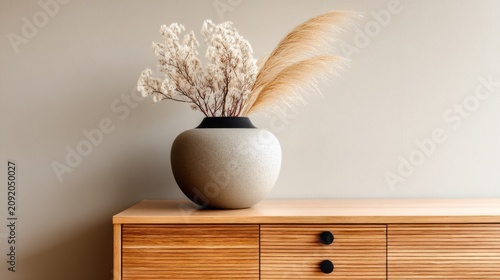 Elegant vase arrangement featuring dried flowers on a sleek wooden surface, showcasing minimalist home décor and design aesthetics in a modern interior setting