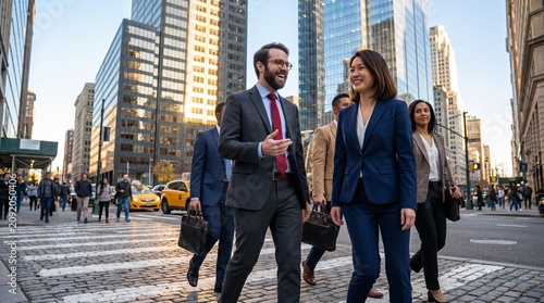 A group of business professionals is walking across a city street surrounded by tall glass buildings. The people are dressed in formal attire, carrying briefcases, and appear to be engaged.