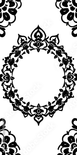 Vector illustration of intricate black rangoli design on a solid white background, event, pattern