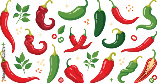Colorful Chili Pepper Vector Collection with Various Hot Spices Red and Green Jalapenos Half Cut Slices and Fresh Leaves for Mexican Restaurant Menus