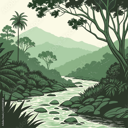 A of a tropical river flowing through a dense jungle landscape with a large palm tree and distant mountains