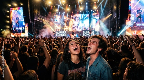 live music concert of an excited diverse couple singing along and looking up at a large stage with multiple screens during an outdoor festival.