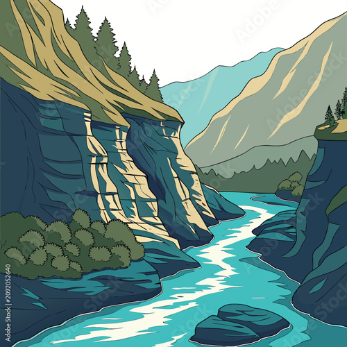 A stylized of a winding river flowing through a deep canyon with steep rocky cliffs and evergreen pine trees