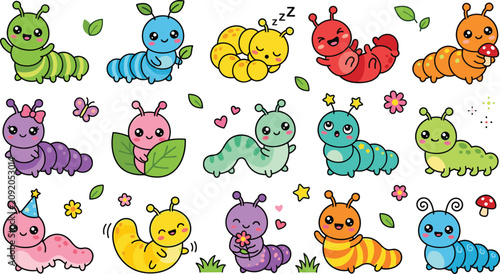 Cute Cartoon Caterpillar Vector Character Set Featuring Playful Colorful Bugs Crawling Sleeping and Holding Flowers for Kids Stickers and Nursery Decor Designs