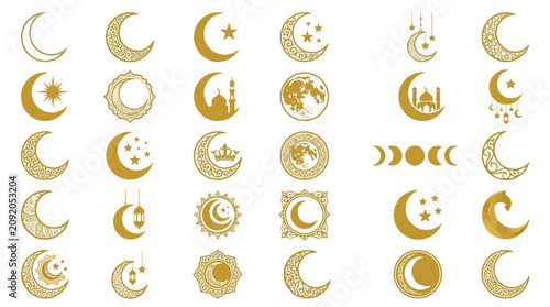 Luxury golden Islamic crescent moon vector icon set for Ramadan Kareem and Eid celebration design