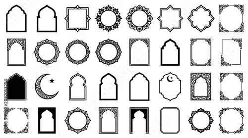 Collection of black and white Islamic frames with geometric shapes and traditional motifs