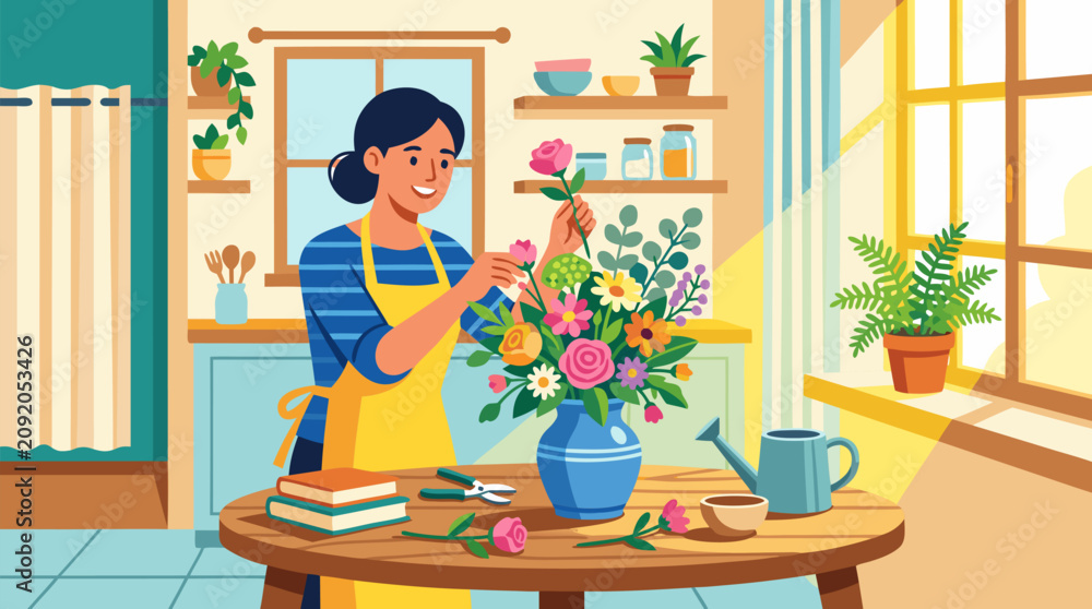 Fototapeta premium Smiling young woman in yellow apron carefully arranging colorful fresh flowers in blue vase on wooden kitchen table with bright sunlight streaming through window in cozy home interior