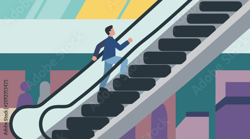 Determined figure climbing an escalator descending faster than they rise, surreal flat vector metaphor for adversity, burnout, impossible progress, persistence, ambition, and modern urban struggle