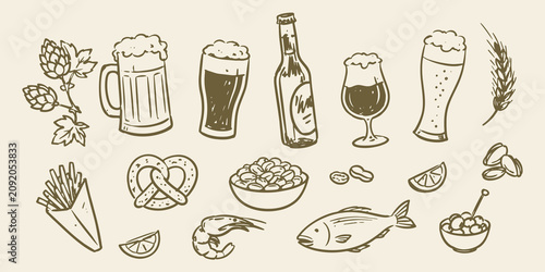 Quadro su tela Beer and Snack Set Doodle Vector Illustration