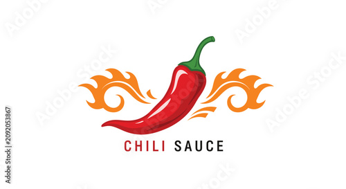 Chili Sauce logo featuring a realistic red hot chili pepper with abstract orange flames behind it on white.