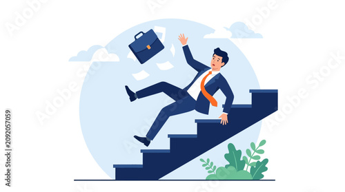 Business Failure Concept. Businessman in suit falling down stairs with flying briefcase and papers ideal for career risk, financial loss, or workplace accident articles.