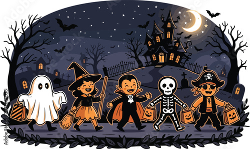 Halloween cartoon characters in front of haunted house at night