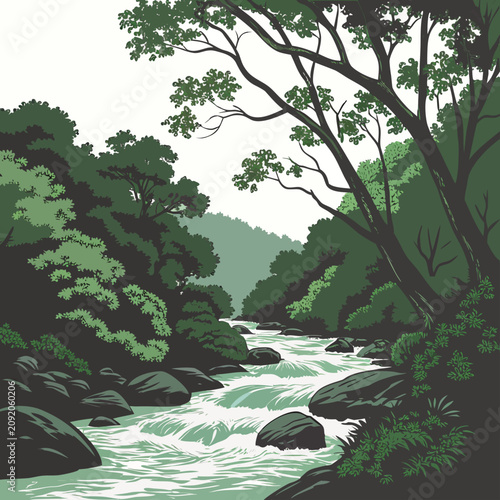 Quadro su tela Beautifully detailed of a forest river flowing through a deep valley, with overh