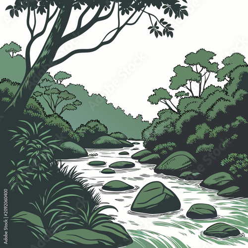 Schilderij op canvas Artistic of a mountain stream flowing over dark stones surrounded by dense green
