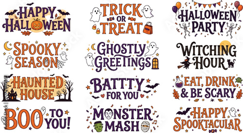 Halloween party vector typography set with spooky phrases