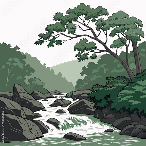 Quadro su tela Artistic of a mountain river flowing through a lush forest with large rocks and