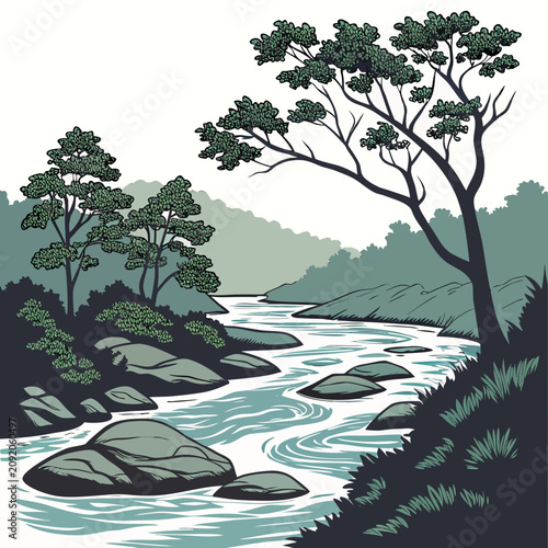 Foto Artistic of a mountain river flowing through a lush forest with large rocks and