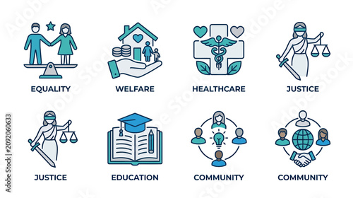 Social Justice Icons: Equality, Welfare, Healthcare, Justice, Education, Community