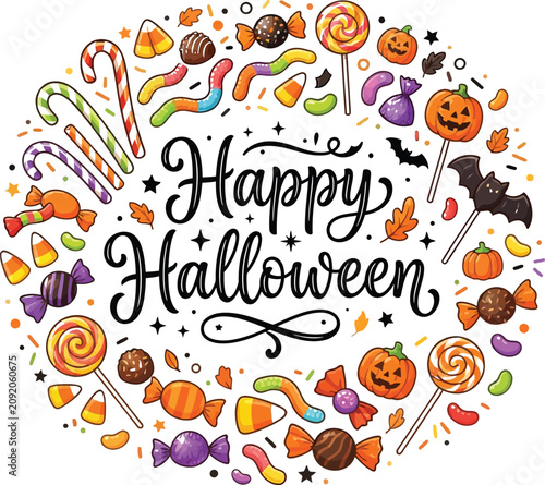 Colorful Halloween treats and decorations circle