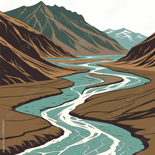 Hand drawn of a winding river flowing through a deep mountain valley with steep rocky slopes and distant snow capped mountain peaks