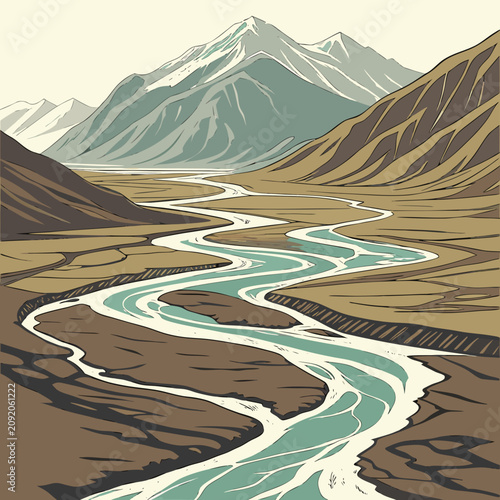 Hand drawn of a wide winding river flowing through a flat valley with distant snow capped mountains under a clear pale sky background