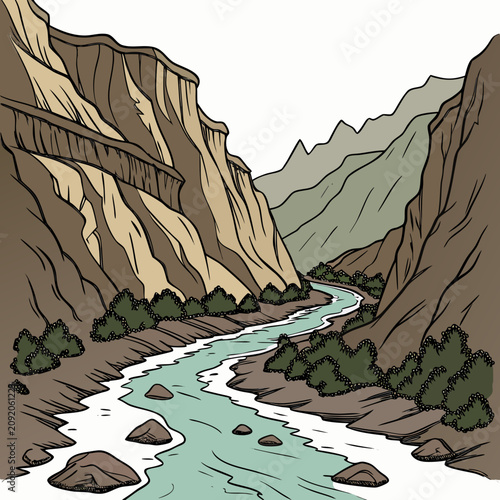 Hand drawn of a winding river flowing through a deep rocky canyon with steep cliffs and scattered green bushes on the banks