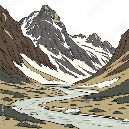 Hand drawn of a winding river flowing through a valley with snow patches and a large jagged mountain peak in the background scenery