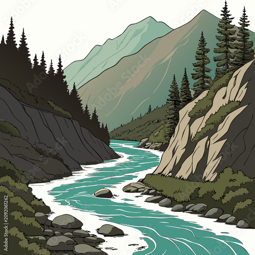 Hand drawn of a winding river flowing through a deep mountain valley with pine trees and rocky cliffs on both sides of the water
