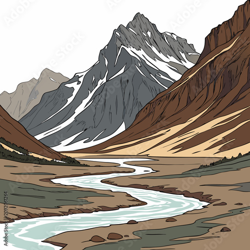 Hand drawn of a winding river flowing through a vast valley with a large snow capped mountain peak rising in the background scenery