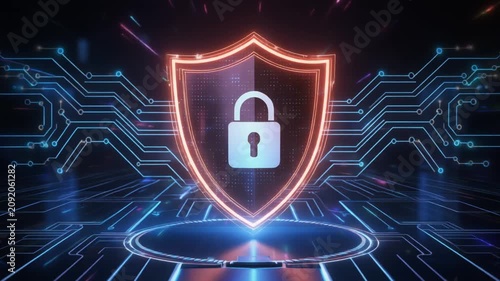 Futuristic Cyber Security Shield with Digital Padlock Protection and Data Privacy Concept