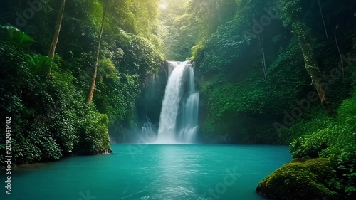 Beautiful Tropical Waterfall Flowing into Crystal Clear Lagoon in Lush Forest