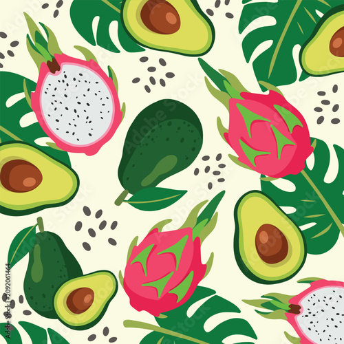 Seamless Tropical Summer Fruit Pattern with Avocado, Dragon Fruit (Pitaya), Monstera Leaves, and Seeds. Flat Vector Illustration for Fabric, Wallpaper, Web, Product Design