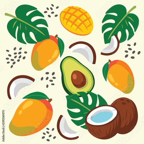 Colorful flat vector seamless pattern featuring whole and halved mangoes, avocado, coconuts, and monstera leaves on a cream background. Perfect for textile and surface design