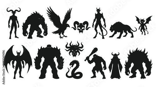 Fotografi Set of fantasy monsters and demons silhouettes, mythical creatures, evil spirits