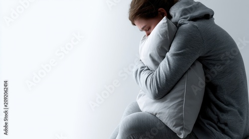 A person hugging a pillow, head down in distress. The mood is somber and reflective
