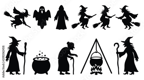 Foto Set of halloween silhouettes with witches, ghosts, and cauldrons