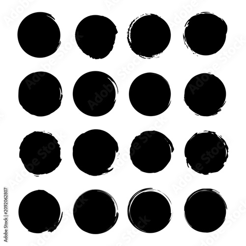 Circle grunge paint spot set black vector shape features rough textures. The ink smear collection visualizes artistic drops.