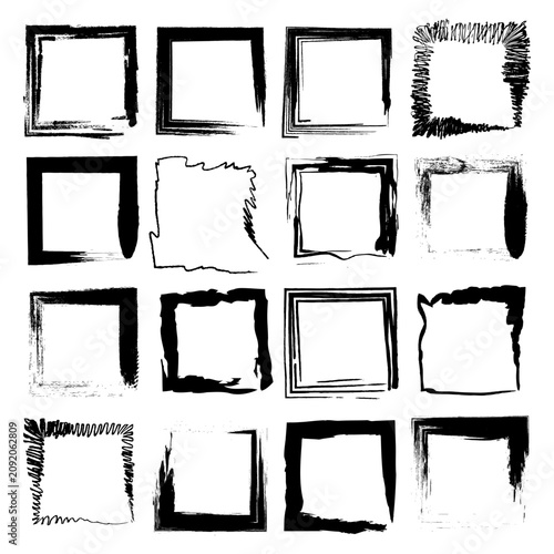 Square frame brush stroke set black vector element features rough borders. The ink box assortment highlights modern geometry.