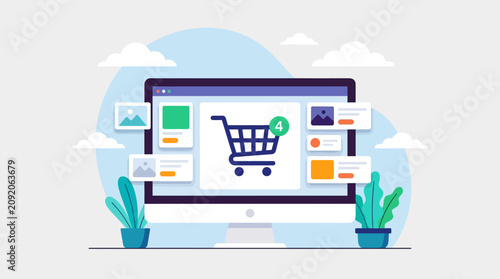 E-commerce Shopping Interface computer monitor with shopping cart icon and product cards on a clean background ideal for online retail marketing and digital business presentations.