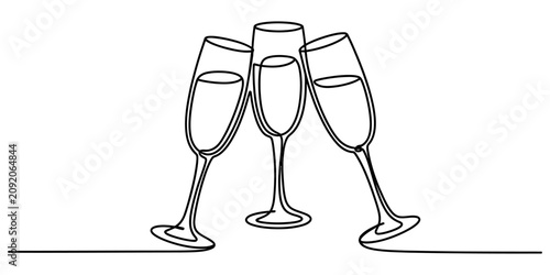 Obraz na płótnie Three champagne glasses clinking in continuous line drawing