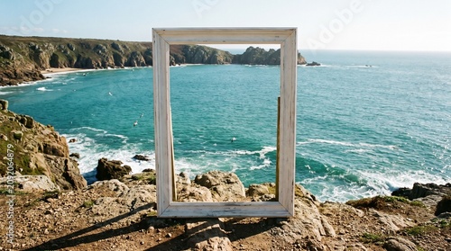 Window Frame on Cliff Overlooking Ocean Landscape.