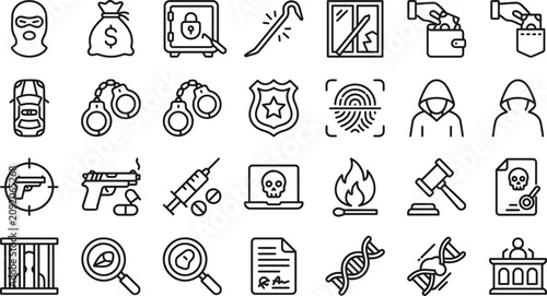 Photos Collection of crime related line icons on a white background depicting law enfor