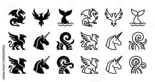 Foto Mythical creature icon set with 18 vector elements