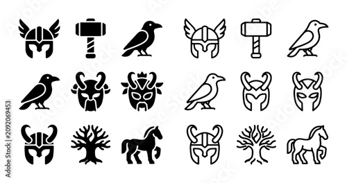 Bild auf Leinwand Norse mythology icon set, viking helmet and thor hammer symbols, 18 black vector