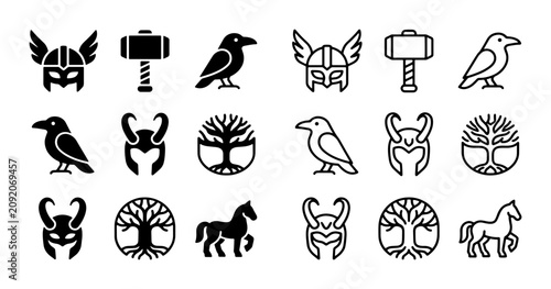 Schilderij op canvas Viking mythology icon set, 18 Norse culture vector elements, black line and soli
