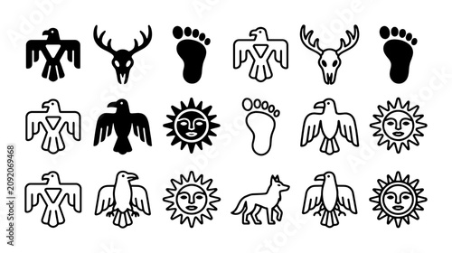 Photography Native American tribal symbols set, indigenous ethnic vector icons with thunderb