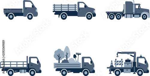 Collection of minimalist flat vector icons featuring various flatbed trucks and commercial utility vehicles