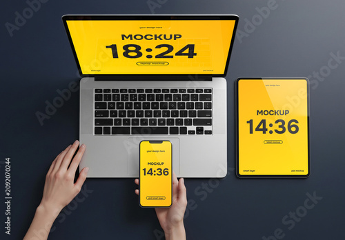 Responsive design laptop, tablet, smartphone top view mockup